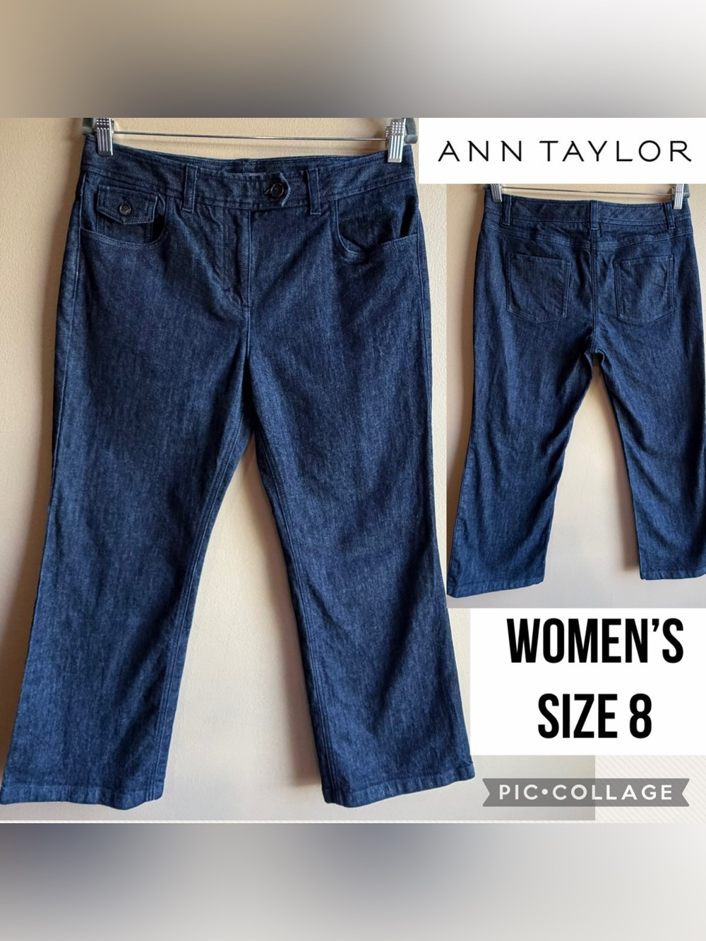 Ann Taylor Womens Jeans Wide Leg Trousers Medium Rise Dark Wash 27” Inseam Sz 8